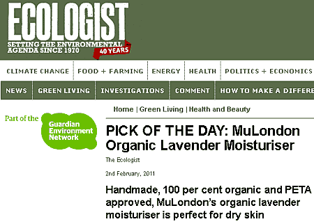 MuLondon Organic Lavender Moisturiser is Pick Of The Day in "The Ecologist"