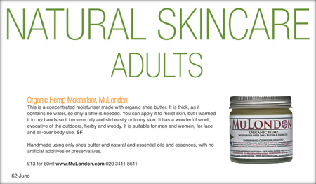 MuLondon Organic Hemp Moisturiser is featured in JUNO magazine!